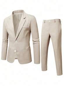 Calvornis Herren Einfarbiger Jackett-Kragen Langarm Jacke und Hose Lässig anzug Set - Khaki - Übersicht 5