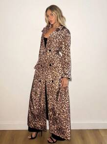 SHEIN ICON Fashionable Commuter Loose Fit Leopard Print Long Trench Coat Autumn Winter Clothes For Women - Brown - View 3