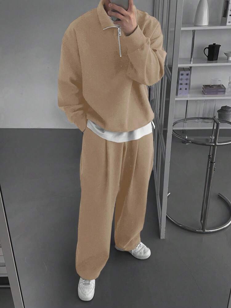 Men's Solid Color Khaki Half-Zip Sweatshirt & Pants Set, Autumn, Cozy Outfits