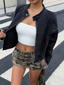 DAZY Women's Casual Loose Fit Turtleneck Long Sleeve Denim Jacket - Grey - View 3