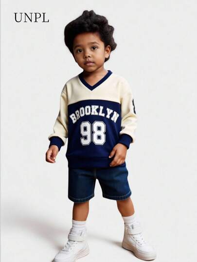 SHEIN Explorewe Young Boy Long-Sleeved With Letter & Number Prints, Casual Sweatshirt, Autumn/Winter Style Boys Sweatshirt Baseball Boys Clothes