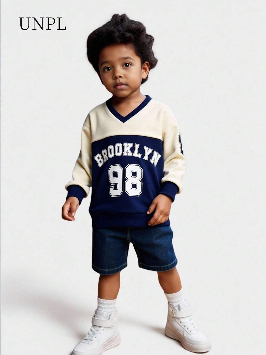 SHEIN Explorewe 男童长袖字母数字印花休闲卫衣，秋冬款 - 藏蓝色 - 查看 1