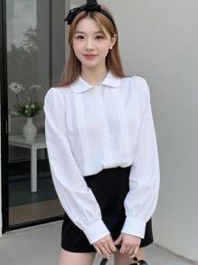 SHEIN 少女干净女孩 Y2K 风格长袖纯色荷叶边领甜美衬衫，适合春、夏、秋、冬、休闲、街头、通勤 - 白色 - 查看 3