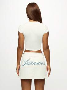 SUMWON WOMEN Angel Print Raw Edge Mini Denim Skirt Y2k Aesthetic Festival Wear Cherub Embellished Distressed Cotton Bottom - White - View 2