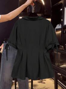 Flirla Plus Size Women Casual Solid Color Pleated Waist Top