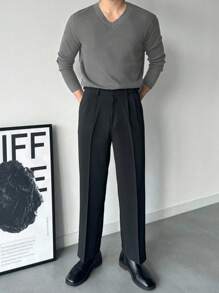 DAZY 男士纯灰色V领毛衣，通勤风格，秋季 - 灰色 - 查看 6