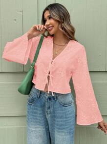 SHEIN Clasi Kemeja Kasual Musim Panas Wanita Warna Polos dengan Bordir Tiga Dimensi dan Ikatan Depan - Dusty Pink - View 4