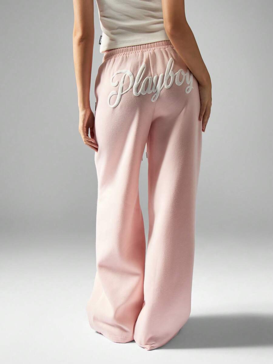 Missguided x Playboy Wide Leg Sweatpants Loungewear Pants High Waist Stretch Casual Fall Winter Bottoms - Baby Pink - View 1