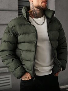 Manfinity CasualCool 休闲时尚百搭拉链长袖保暖男士冬季外套男式男士冬季男士外套男士夹克男式羽绒服，秋季 - 綠色 - 查看 1