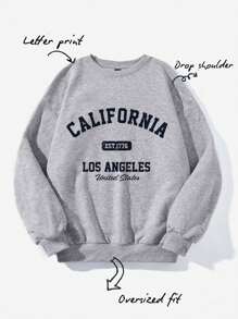Veykashi Light Gray Casual Minimalist California Los Angeles Graphic Print Loose Fit Crew Neck Long Sleeve Sweatshirt For Women, Suitable For Airport And Street Wear Grey Sweatshirt California Sweatshirt Plus Size Letter Print Sweatshirt Drop Shoulder Sweatshirt In Fall/Winter