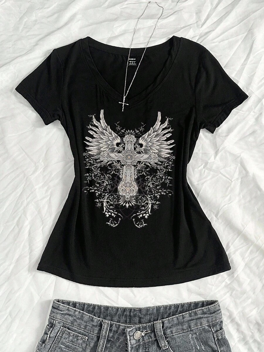 StreetHx 女式夏季 V 领紧身 T 恤，朋克亚文化带翼十字架动漫印花短袖黑色 V 领 T 恤 - 黑色 - 查看 1
