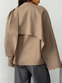 SHEIN PETITE Women's Solid Color Scarf Design Loose Casual Wool Blend Jacket Brown Jacket In Fall/Winter - Khaki - View 2