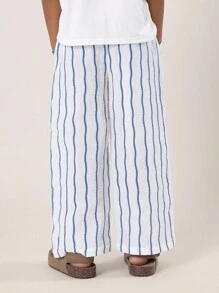 SUMWON 条纹休闲棉麻质感阔腿裤松紧腰舒适休闲沙滩夏季儿童裤子全长带口袋