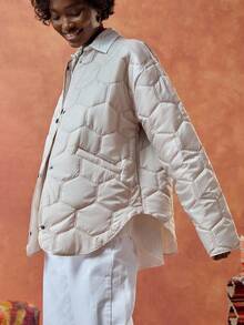 Bóhologie Casaco curto de inverno com detalhes acolchoados, dois bolsos, botões frontais, casaco acolchoado moderno, sobretudo cinza, alta qualidade - Cinza - Ver 4