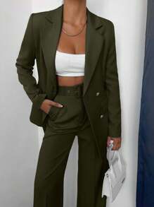 EURMUSE Women's Solid Color Double-Breasted Jacket And Pants Suit Set - Hijau Tentara - View 3