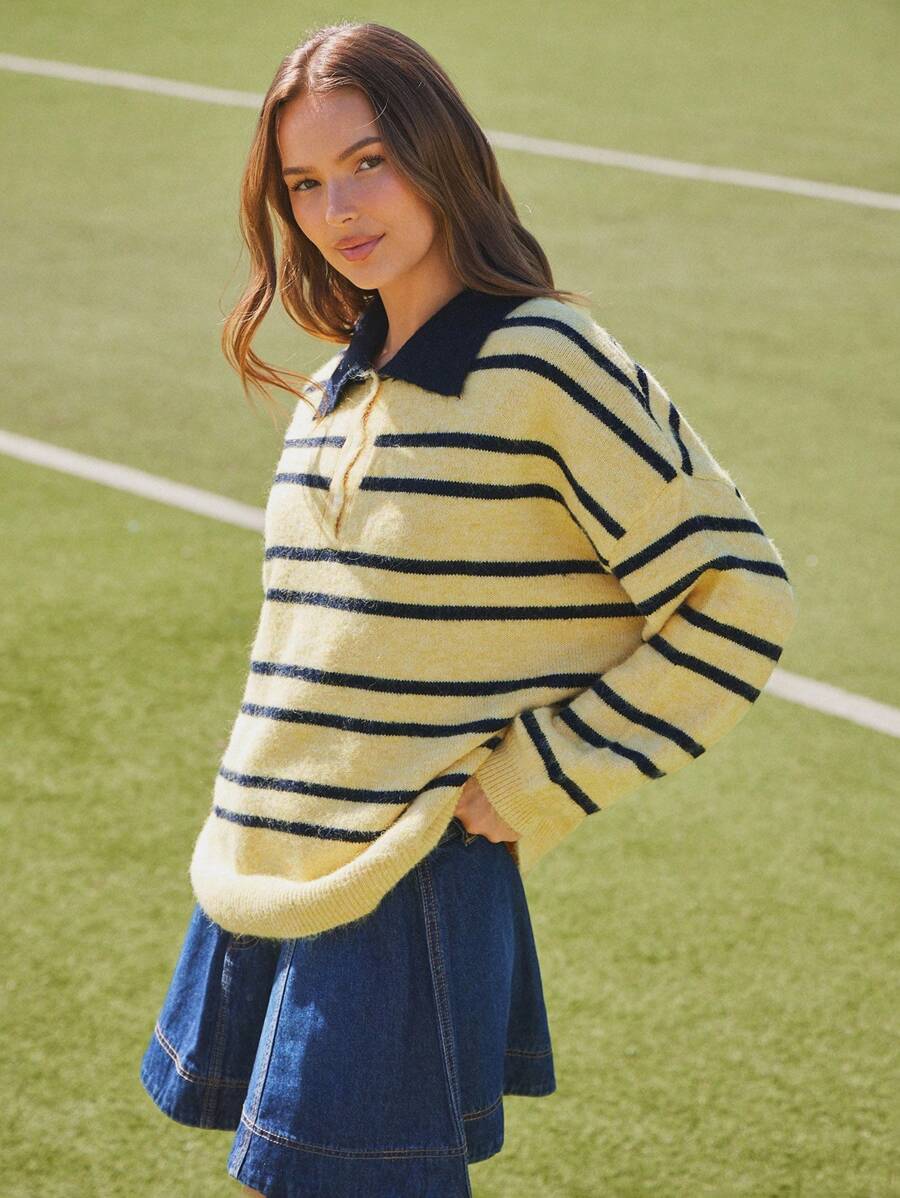 WESTFADE Suéter Polo Oversized de Manga Longa com Botões e Listras, Roupas Fofas de Volta às Aulas para o Outono, Country Concert - Multicolorido - Visão 1