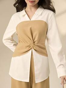 两件套少女休闲优雅校园风套装：包含一件简约长袖半开襟衬衫和一条阔腿针织裤，适合春秋季工作或日常穿着。 - 卡其色 - 查看 4