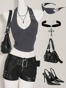 SHEIN ICON Women's Slim Fit Casual Halter Neck Solid Color Adjustable Buckle Tank Top