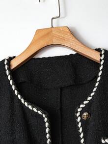 EMERY ROSE Plus Size Elegant Commuter Color Block Trim Black Jacket, High-End Fall Winter Cloth For Women Autumn