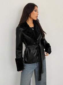 SHEIN PETITE Women's Fashion Versatile Faux Fur Patchwork Regular Jacket Black Leather Jacket Women Belted Leather Jacket In Fall/Winter