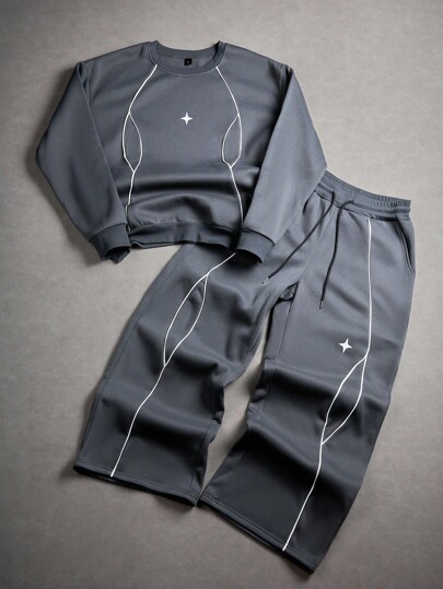 Manfinity Campus Court Męski komplet z bluzą z długim rękawem i okrągłym dekoltem z nadrukiem pentagramu, męski dwuczęściowy komplet, męski komplet, męski zestaw do joggingu, męski komplet dresowy, odzież jesienna