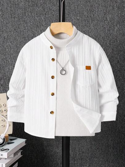 SHEIN 儿童/年轻男孩休闲韩版多口袋纯色梭织白色长袖衬衫，适合学校、花园、海滩、生日、春季、夏季、秋季、冬季学校准备白衬衫长袖上衣白色上衣可爱上衣少女衬衫男童服装长袖儿童服装 Y2k 上衣