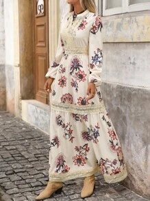 Brillora Váy ren tay đèn lồng họa tiết hoa tương phản dành cho kỳ nghỉ của phụ nữ - Màu be - Xem 2