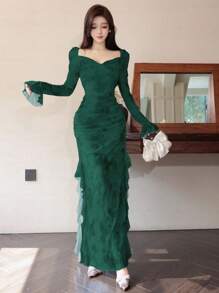 Modelyn 女士网眼花卉印花褶饰荷叶边下摆开衩优雅性感连衣裙 - 墨綠色 - 查看 6