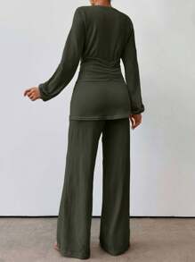 EURMUSE 女士纯色圆领灯笼袖褶饰腰上衣和阔腿裤时尚两件套 - 綠色 - 查看 2