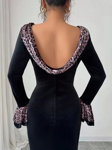 Elenzga Vestido elegante y romántico para mujer con cuello redondo, puños con volantes y estampado de leopardo en patchwork