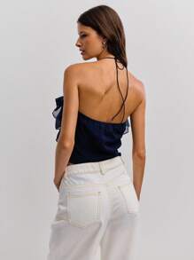 Women's Solid Color Exaggerated Ruffle Halter Neck Tank Top - Navy Blue - View 2