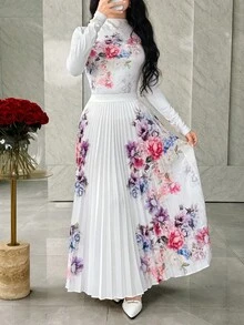 Feyla 女式优雅花卉印花长袖上衣和百褶裙两件套 - 白色 - 查看 7