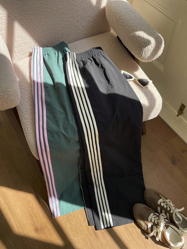 Comfortcana Fall Women Clothes Back To School Tracksuit  Women's Green Striped Elastic Waist Wide Leg Woven Pants Casual Pants For Women