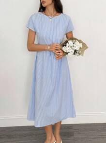 SHEIN Tall 女款休閒條紋中長洋裝，夏季商務休閒女裝，婚禮賓客禮服，老錢風女裝，適合高個子女性 - 藍色 - 查看 5