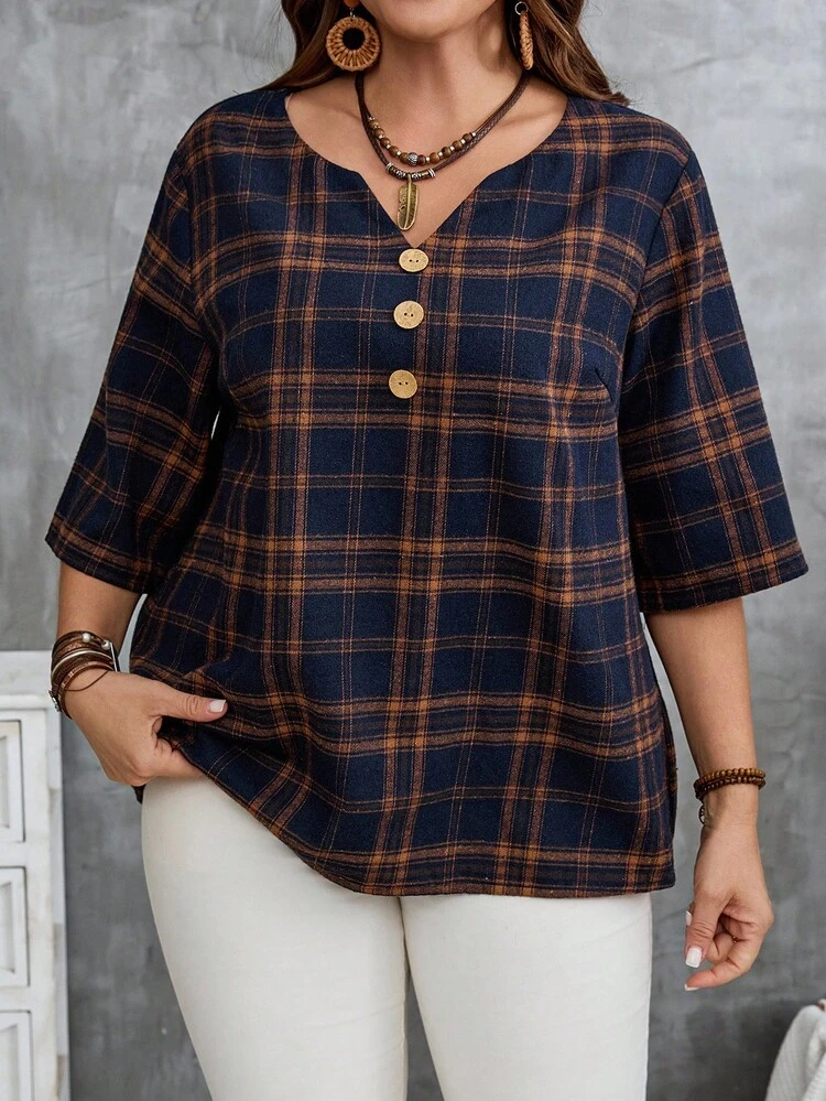 Plus Size Casual Plaid Notched Neck Shirt, Fall Women Clothes, Fall Tops Women, Women's Fall Clothes, V Neck Plaid Tops,Spring/Summer/Vacation
