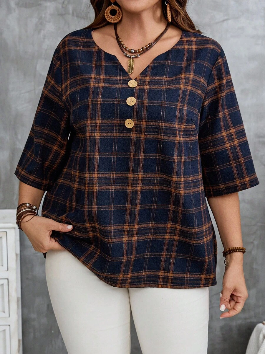 EMERY ROSE Plus Size Casual Plaid Notched Neck Shirt, Fall Women Clothes, Fall Tops Women, Women's Fall Clothes, V Neck Plaid Tops, Suitable For Autumn & Winter Chic Tops,Fall Clothes For Women