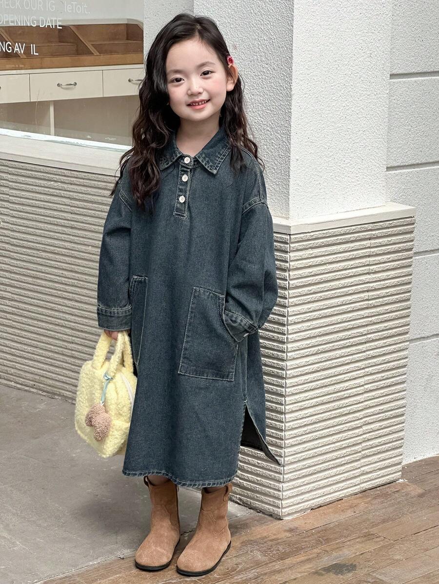 DAZY Vestido de manga larga con cuello regular, estilo coreano para niñas, para otoño/invierno - Azul lavado medio - Ver 1