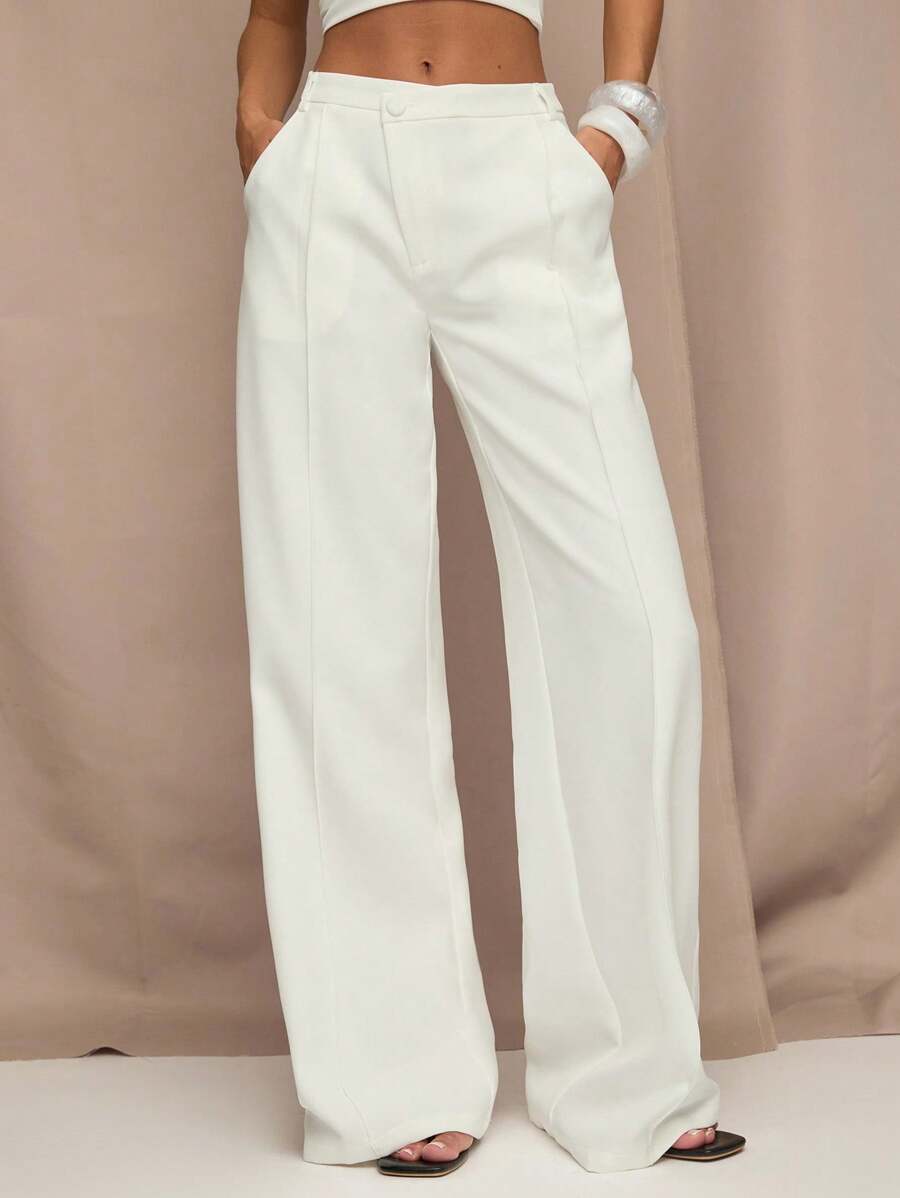 SHEIN BAE Women's Elegant Casual Off-White Classy Wide Leg Pants, Autumn Office Daily Business Casual Dress Pants, Loose Toothpick Stripe Design Commuting Work - White - View 1