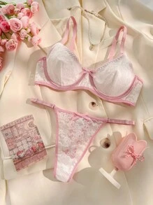 PetitDoll Floral Lace Underwire Sexy Bra & Panty Lingerie Set, Kawaii - White - View 6