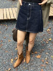 DAZY 女式镂空设计牛仔直筒裙，休闲都市风格牛仔裙牛仔裙 - 深色水洗藍 - 查看 7