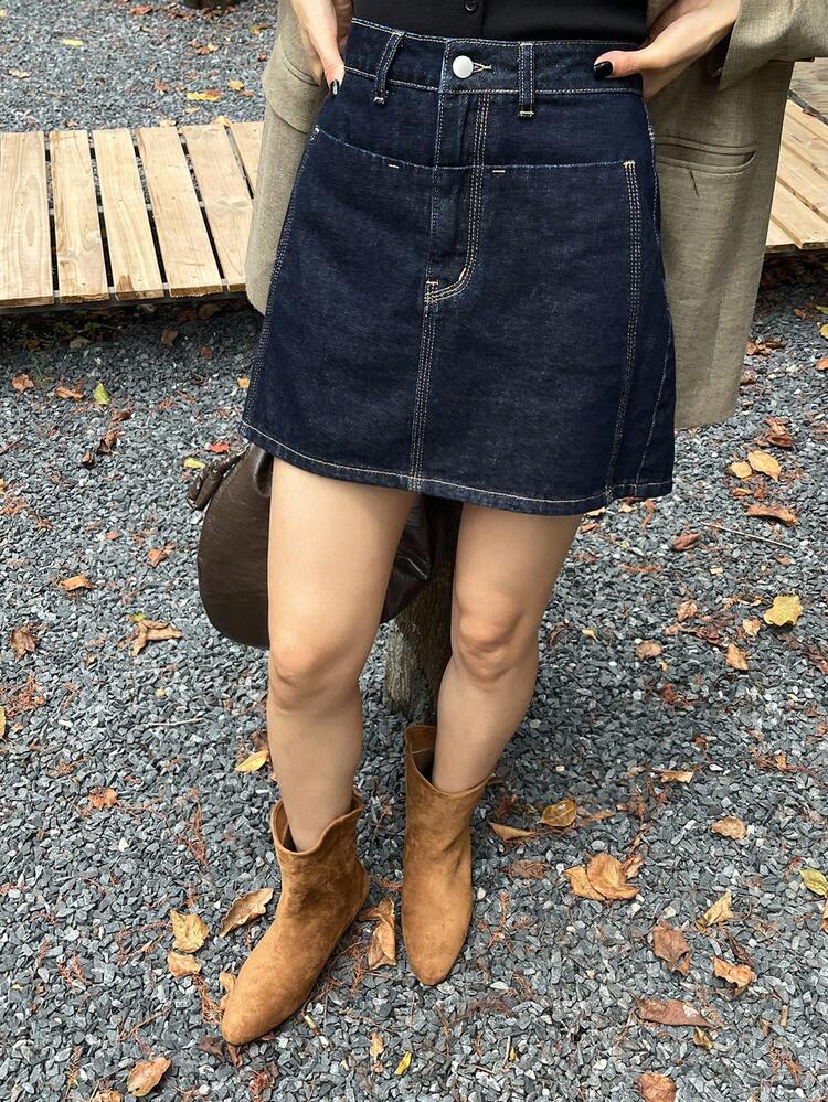 Women's Denim Straight Skirt With Cutout Design, Casual City Style Denim Skirt Jeans Skirt