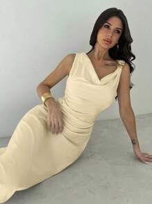 Firerie Damen weißes asymmetrisches Hals-Drapierung Rüschen Taille Midi-Kleid, sexy & elegantes Pendlerkleid, Urlaubskleid, Mode & modern, Frühling/Sommer Bekleidung, Pendeln, Elegant, Sexy, Urlaub, Strand, Hawaii, Hochzeitssaison, Abschlussfeier, Abiball