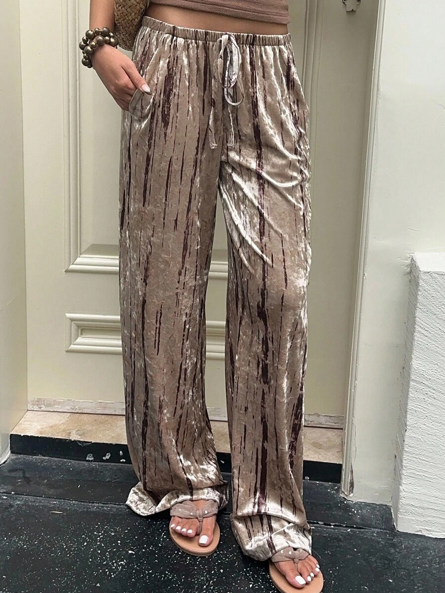 Sunnyshic 女式休闲腰带天鹅绒裤 - 卡其色 - 查看 1