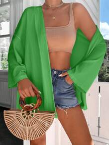 RueChic 女式简约纯色宽松前开蝙蝠袖和服罩衫 - 綠色 - 查看 3