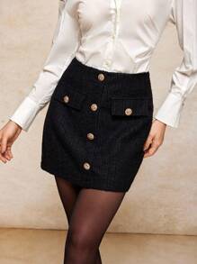 House of One Marled Black Tweed Front Button High-Waist Elegant Mini Skirt Women Casual Party Fall Women Clothes Old Money Fall Outfits Business Professional Women Business Casual Woman - Black - View 3