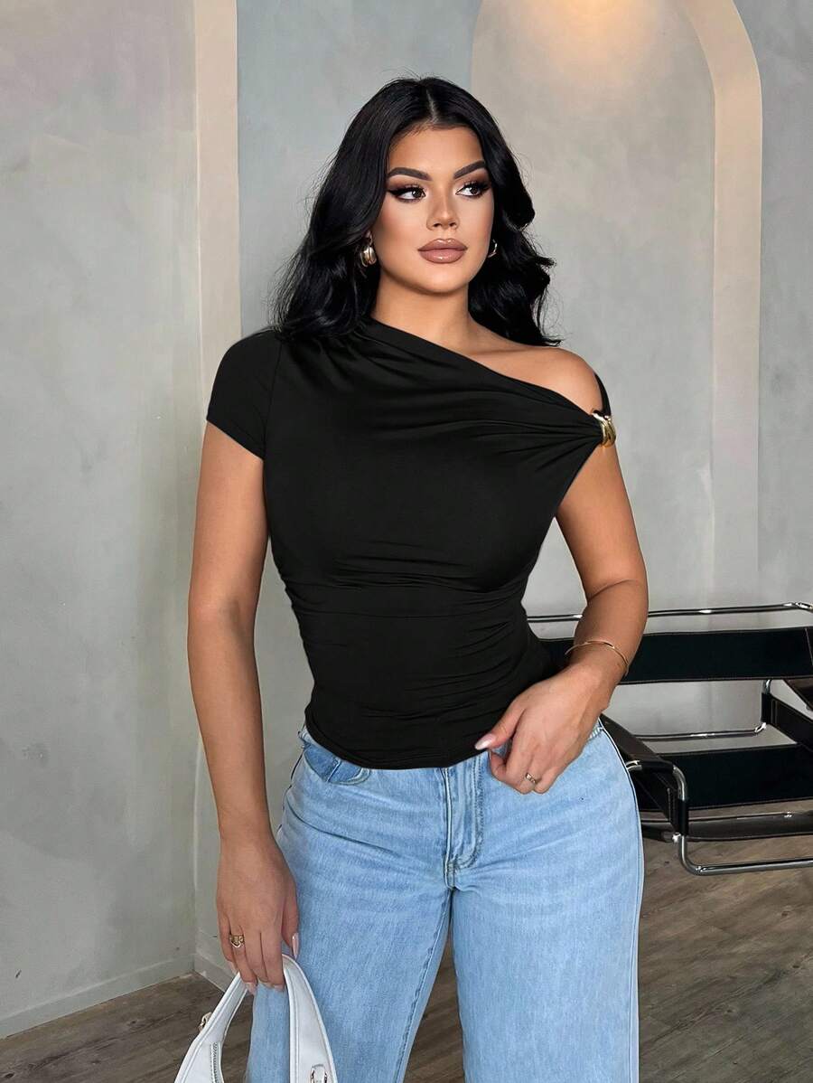 SHEIN SXY Women's Sexy Elegant Minimalist Brown Asymmetric Neck Casual Versatile Top - Black - View 1