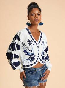 Travachic Damen Langarm Strickjacke mit Palmenmuster, Knopfleiste, Herbst Damen, Ostern, Urlaub, Strand für Frauen, Urlaub Frauen, Konzert Frauen, BOHO, Bohemien, Musikfestival, Tropischer Urlaub Frau, Romantisch, Herbst, Winter, Weihnachten, Ausgehen Tops Frauen, Ausgehen Tops, Lässig, Niedlich