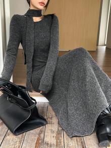 DAZY 长款针织毛衣裙配围巾，女式套头连衣裙 - 深灰色 - 查看 5