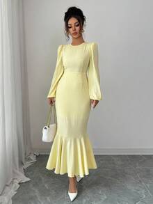 Elenzga 褶皱面料圆领灯笼袖系带后背修身喇叭下摆开叉优雅女式连衣裙 - 淡黃色 - 查看 5