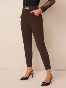 Amorya Women's High Waist Metallic Buckle Detail Skinny Pants Stretchy Pants,Fall